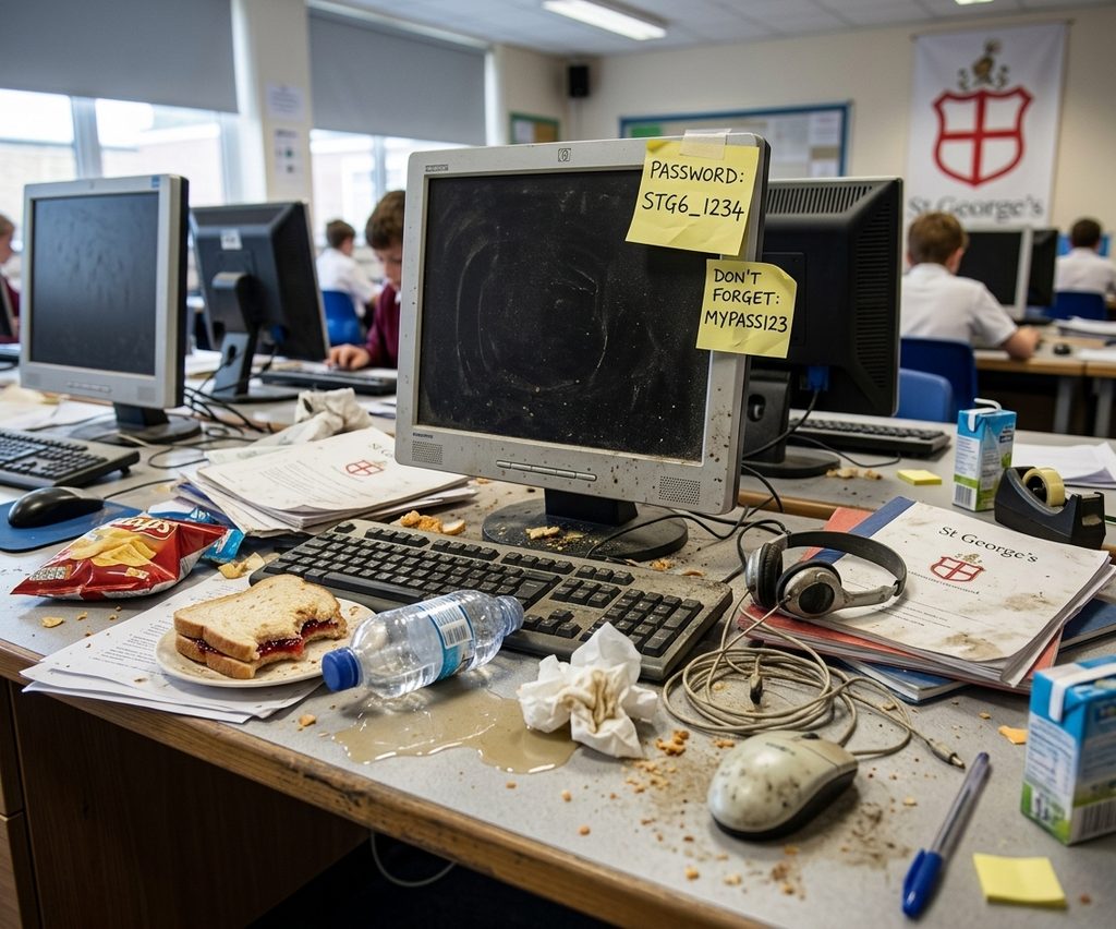 A messy computer workstation covered in food, spilled drinks, tangled wires, and exposed passwords on sticky notes